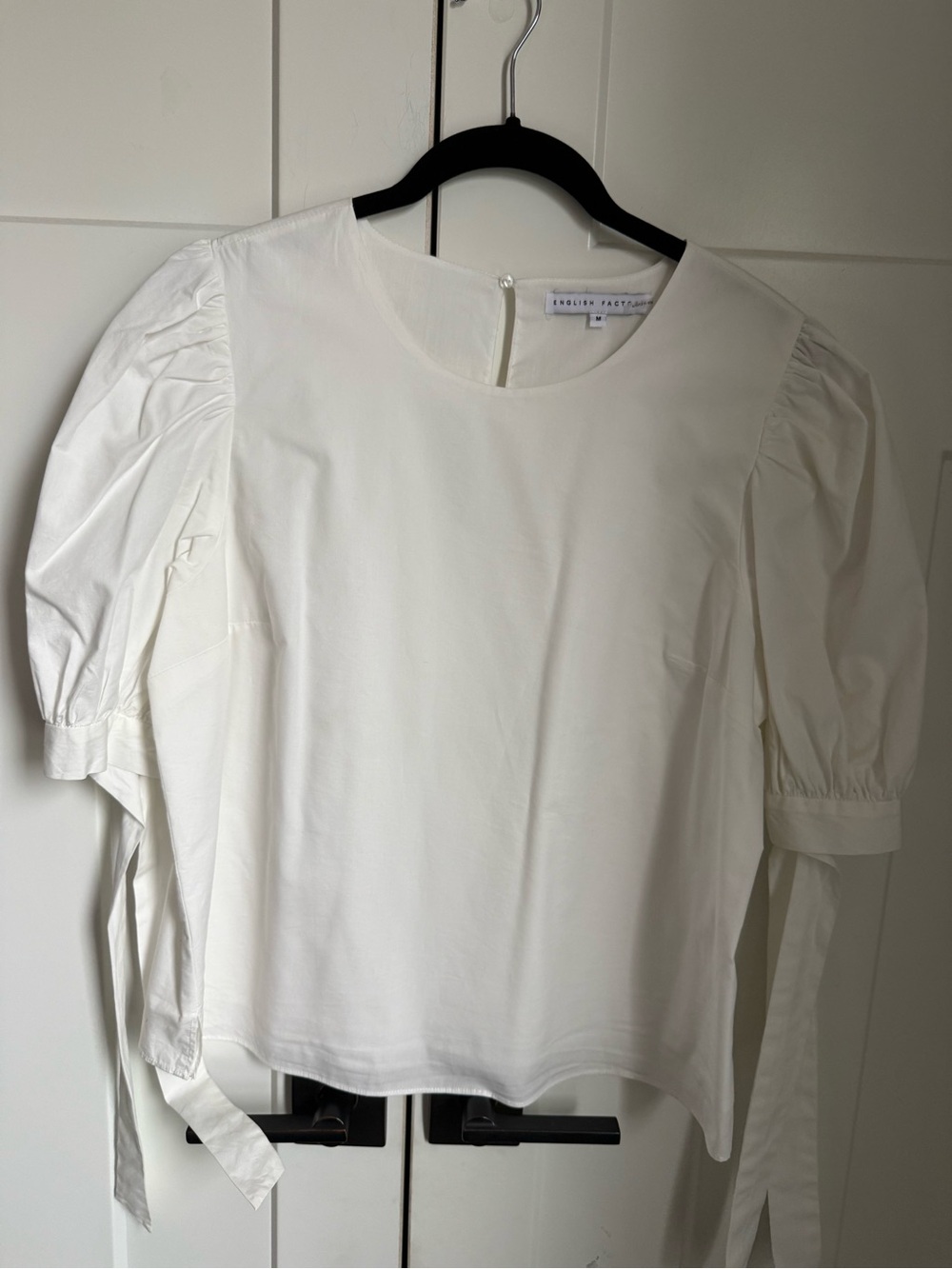 English Factory White Puff-Sleeve Blouse with Tie Detail size M, like new.